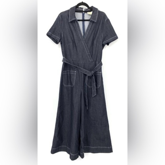 MAEVE ANTHROPOLOGIE Dark Blue Colette Wrap Denim Romper Jumpsuit size 10 - Picture 6 of 14